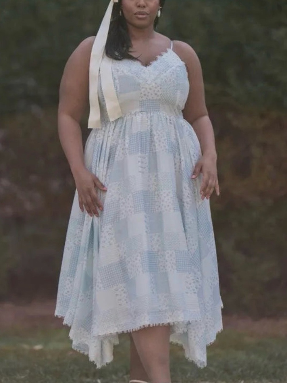 JessaKae Robyn Light Blue Patchwork Lace High-Low Midi Dress